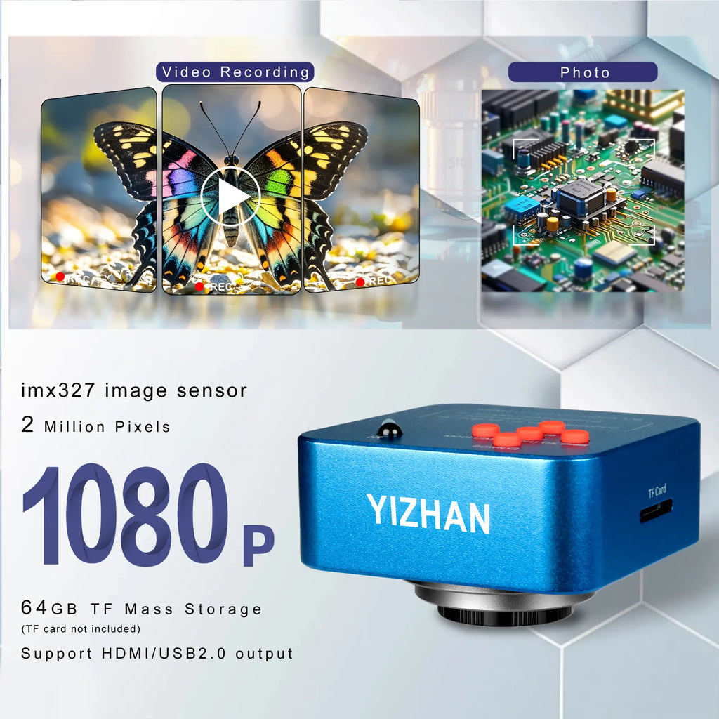 1080P HDMI microscope camera displaying high-resolution images for electronic component inspection