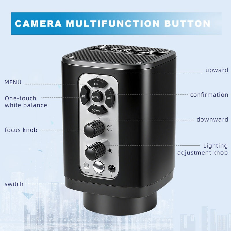Front view of XHU6001 4K microscope camera with menu and focus knob