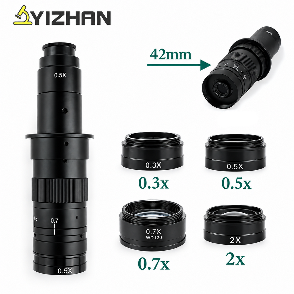 Auxiliary Objective Lens 0.3X 0.5X 0.7X 2X, 42mm Thread Barlow Lens for Industrial Microscope C-Mount Zoom Lens