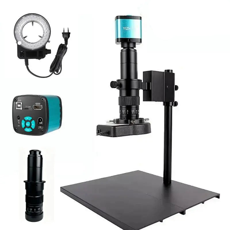 YIZHAN 4K industrial digital microscope with medium metal workbench, 180X lens, HDMI USB camera, precision inspection for electronics soldering