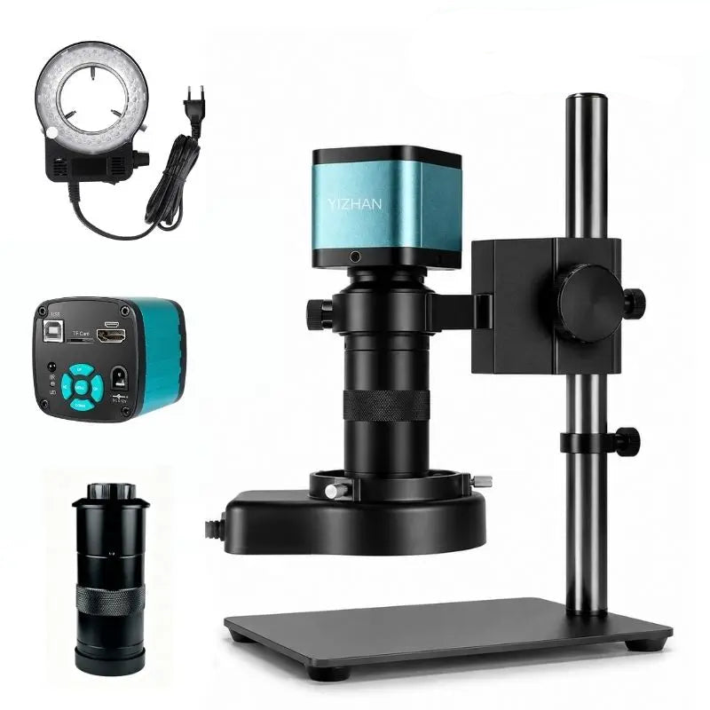 YIZHAN industrial digital microscope kit with small metal base, 48MP HDMI camera, 130X lens, LED ring light, for soldering and PCB repair