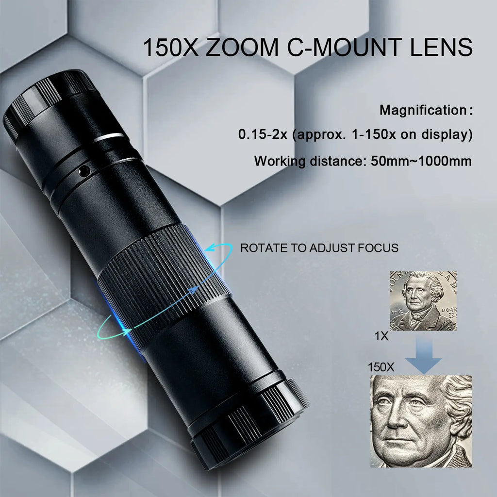 YIZHAN 60MP 4K Ultra HD Microscope Camera, 150X C-Mount Optics, HDMI/USB Connection, Robust Foldable Stand for Industrial QC & PCB Maintenance