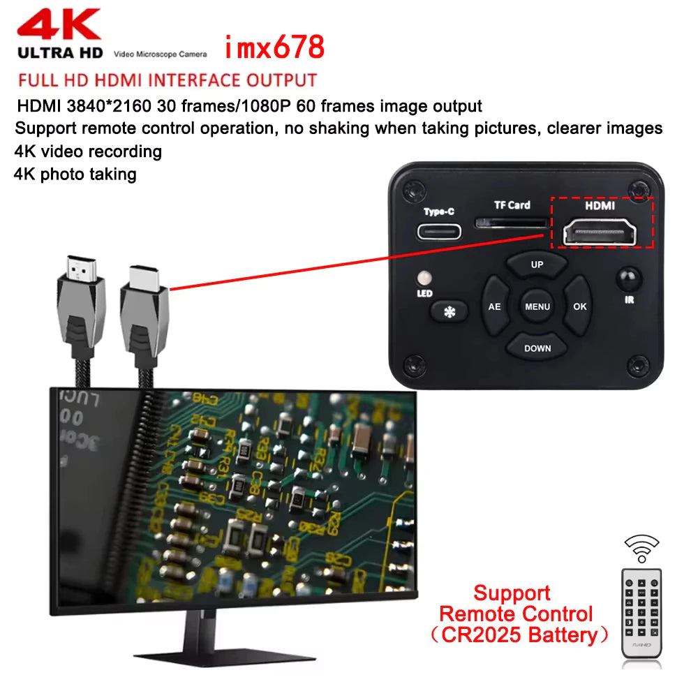 4K Digital Microscope For Soldering, 48MP HDMI USB Microscope Camera With 1/1.8" HD imx678 Sensor, 215X Lens Video Microscope