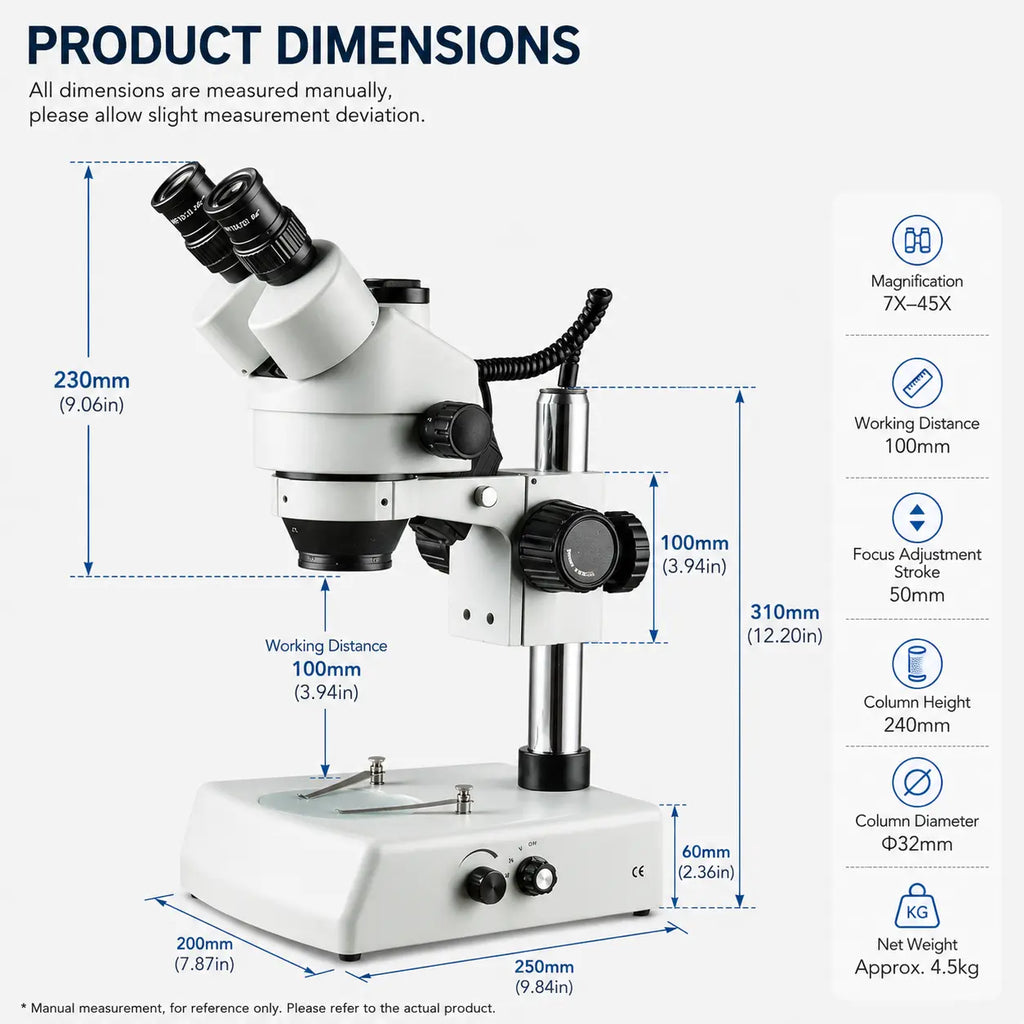 KUAIQU SZM7045T-B1LED trinocular stereo microscope dimension drawing, 200x255mm base, 100mm working distance