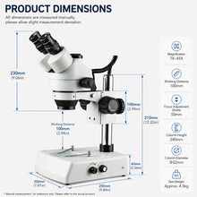 Load image into Gallery viewer, KUAIQU SZM7045T-B1LED trinocular stereo microscope dimension drawing, 200x255mm base, 100mm working distance