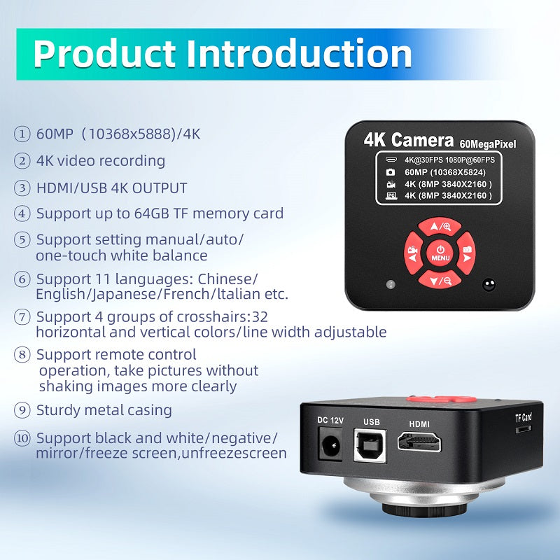 4K camera 60megapixel product introduction DC 12V USB HDMI TF Card